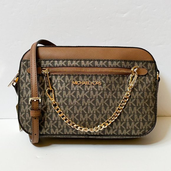 Michael Kors Jet Set Item Chain Shoulder Crossbody Bag MK Brown Gold - Picture 1 of 11